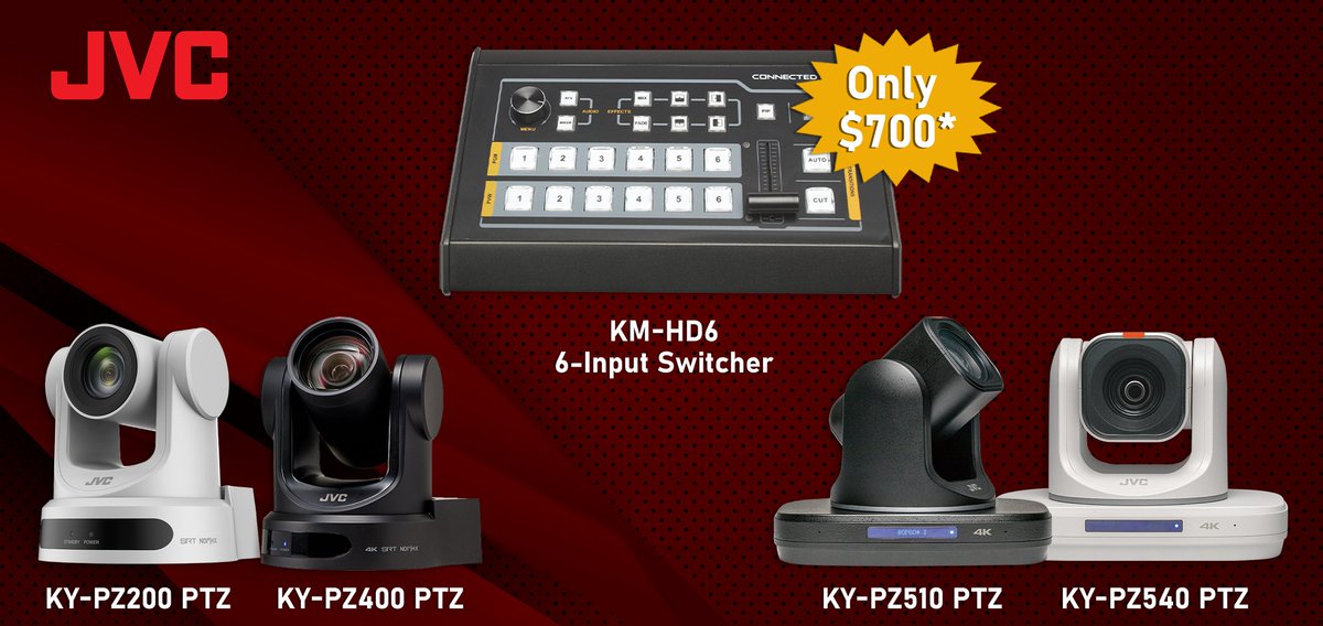 Right now, Buy 2 or More Professional PTZ Cameras and Purchase the KM-HD6 6-Input CONNECTED CAM Switcher for $700! Promotion ends 3/31/25. See Details: bit.ly/3vBrTY5 #JVCProVideo #Promo #PTZ #ProductionWorkflow #AVTweeps