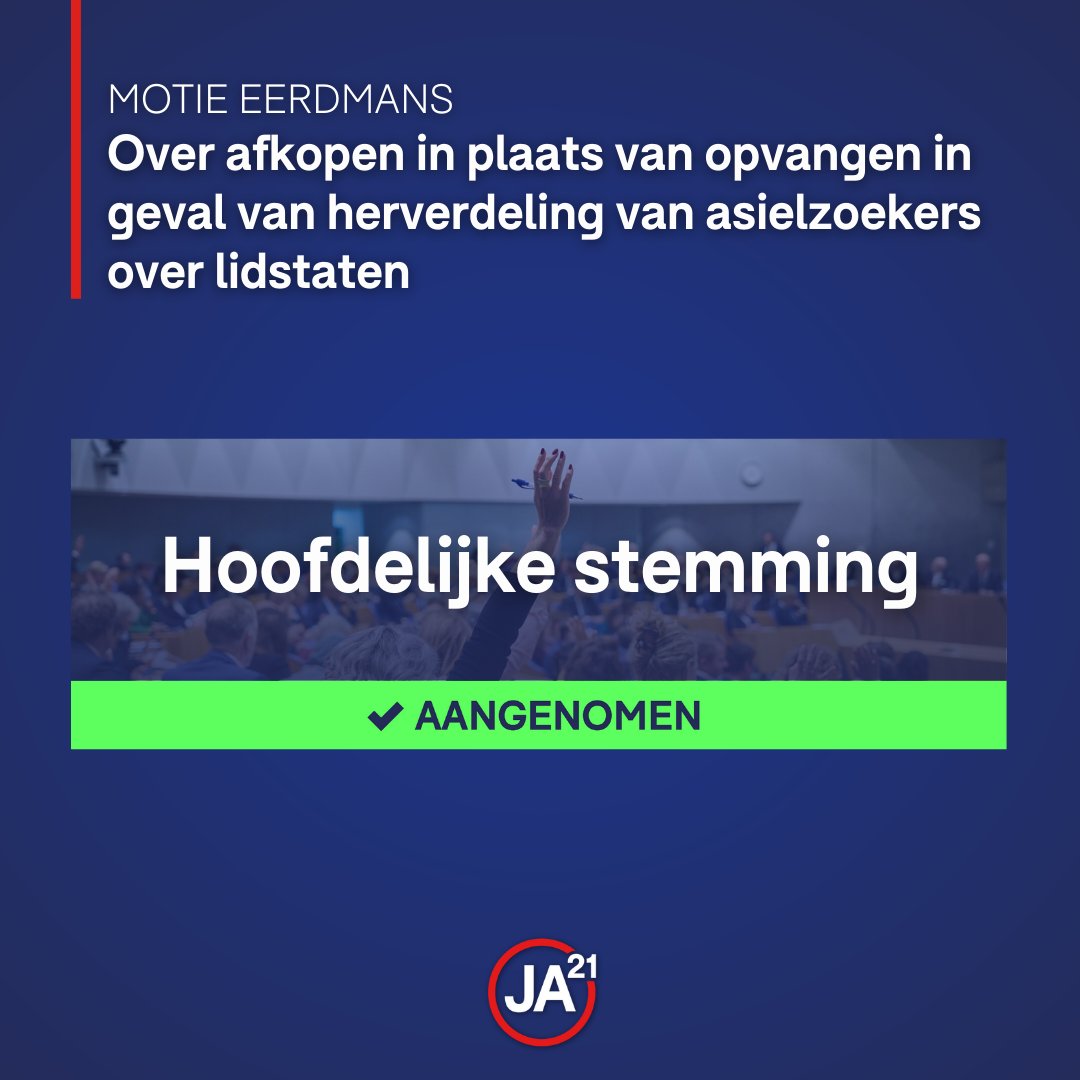 Een jaar geleden becijferde @demo_demo_nl dat een asielzoeker over de gehele levensloop 800.000 euro kost. Daarom wil #JA21 gebruik maken van de afkoopsom van 20.000 euro uit het EU migratiepact. Vandaag nam de Kamer de motie @Eerdmans aan die het kabinet daartoe oproept!