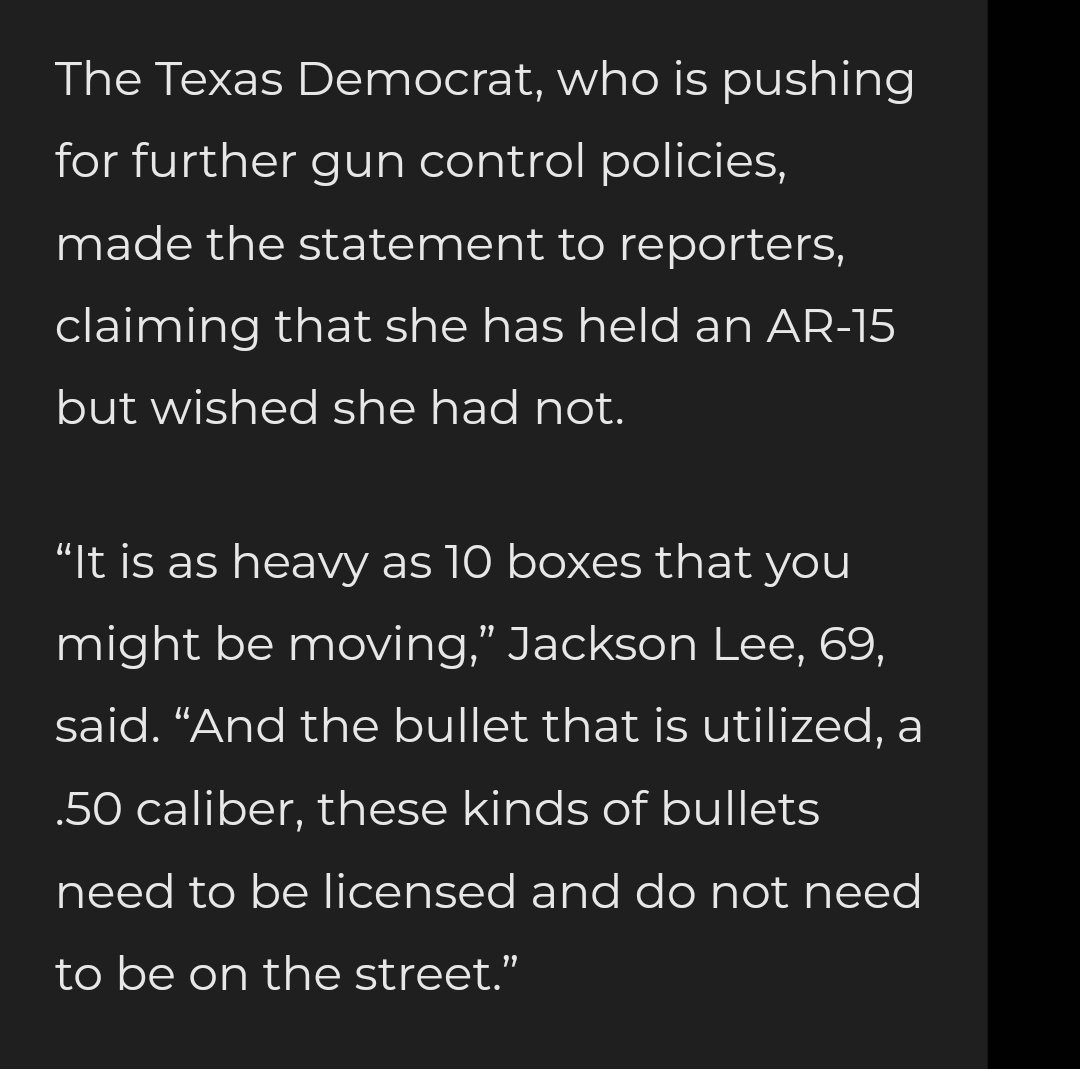 @BillboardChris @JacksonLeeTX18 She's got a Yale DEI (didn't earn it) degree. Another doozy from Jackson-Lee. 'An AR15 weighs the same as 10 full moving boxes & uses 50 caliber ammo!' 🤡🌍