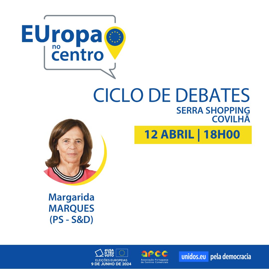 Esta sexta-feira temos mais um debate #EUropaNoCentro na Covilhã! Desta vez com a eurodeputada Margarida Marqu para mais uma conversa sobre a Europa 🇪🇺 Junta-te a nós no Serra Shopping na Covilhã às 18H⏰