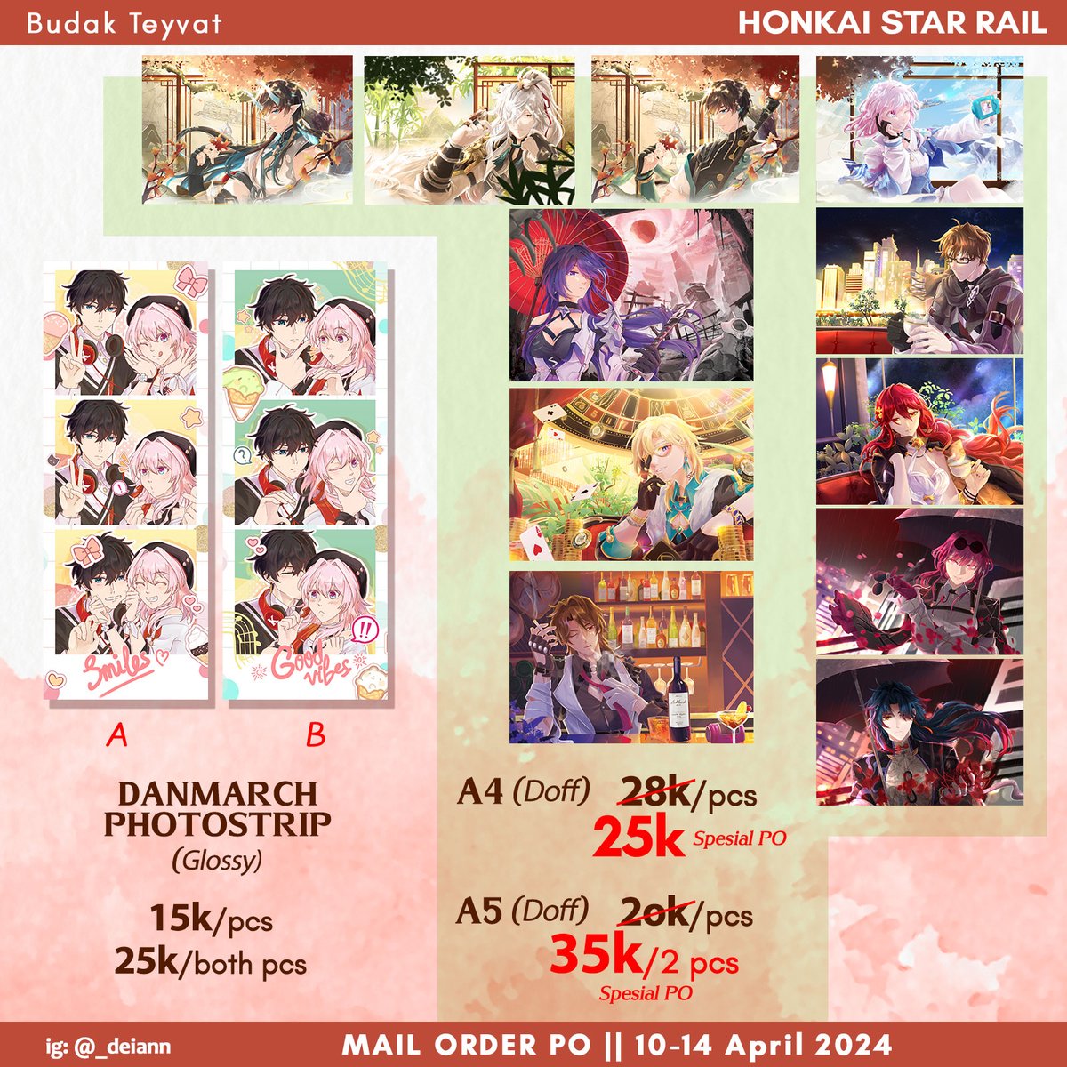 deiann_day's tweet photo. Halo2~
Lagi ga join #CF18 kali ini karena bentrok event lain ><
Tapi mau nawarin PO kilat khusus prints HSR (ceritanya sekalian otw nyetak)

MAIL ORDER / toko ijo ONLY!
🗓️: 10-14 April '24
🔗: https://t.co/0Vq7XbVdjs

See u again at next CF~
 #comifuro18 https://t.co/m84SJzOvpi