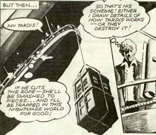 DWUDatabase's tweet photo. Guess the TARDIS of the comics isn't quite as indestructible as its TV counterpart. If it can survive falling off that cliff on Peladon it can survive this #DoctorWho #StitchinTime https://t.co/eYk2UsynTi