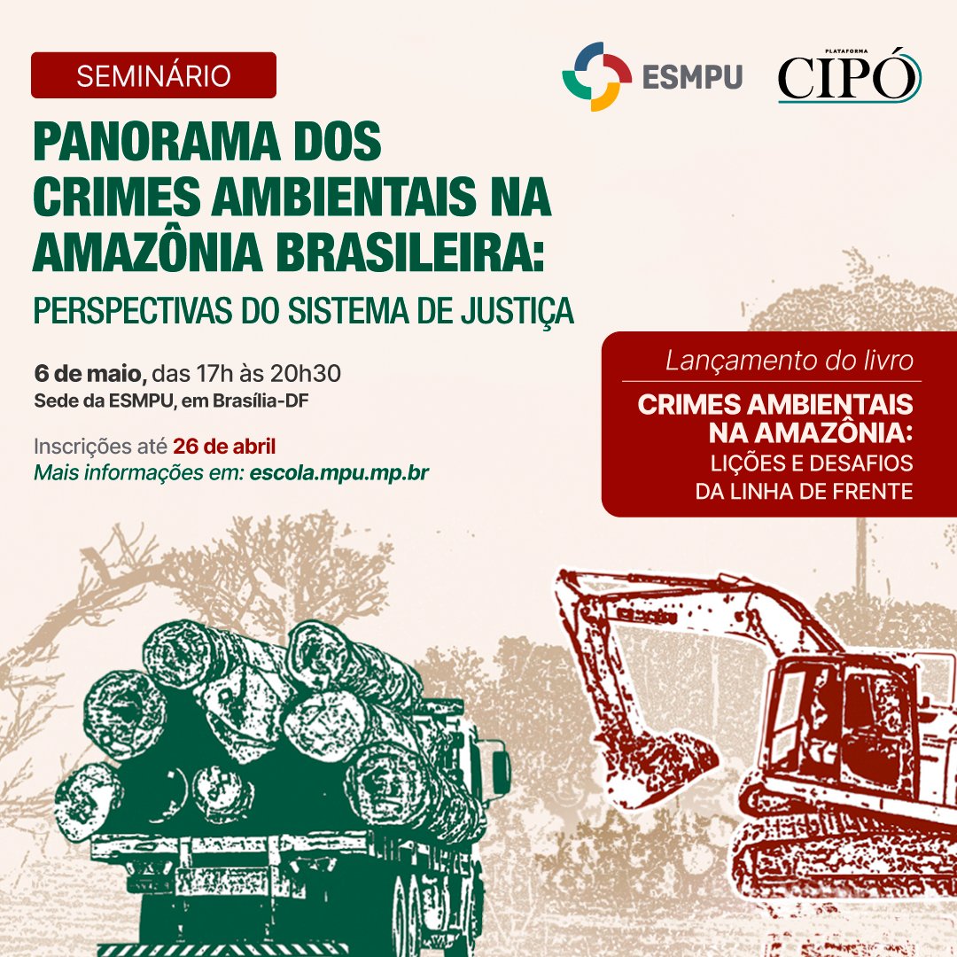 Abertas as inscrições, até 𝟮𝟲 𝗱𝗲 𝗮𝗯𝗿𝗶𝗹, para o seminário que vai discutir crimes ambientais na Amazônia brasileira. No encontro, haverá o lançamento do livro “Crimes ambientais na Amazônia: lições e desafios da linha de frente”. 🖥️ Saiba mais: tinyurl.com/5n6fd2dt