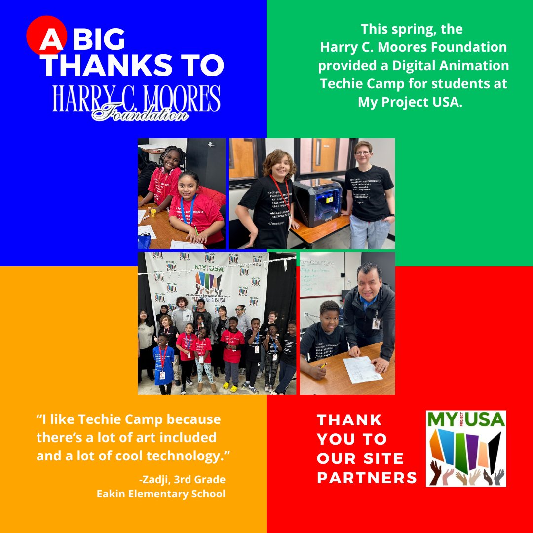 It’s #TECHCORPSTUESDAY, and we’d like to give a BIG thanks to the Harry C. Moores Foundation for sponsoring Techie Camp this Spring! Because of their support, Digital Animation Camp was free for My Project USA students to attend! Together, we're shaping the future of technology!