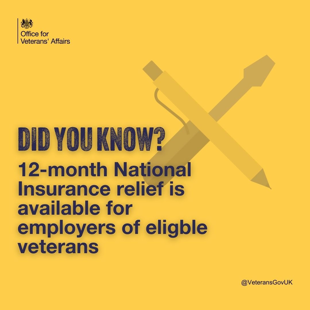 #DidYouKnow: Organisations can claim 12-month National Insurance relief if they're employing veterans in their first civilian role after service. Find out more at tinyurl.com/bdhsp4me