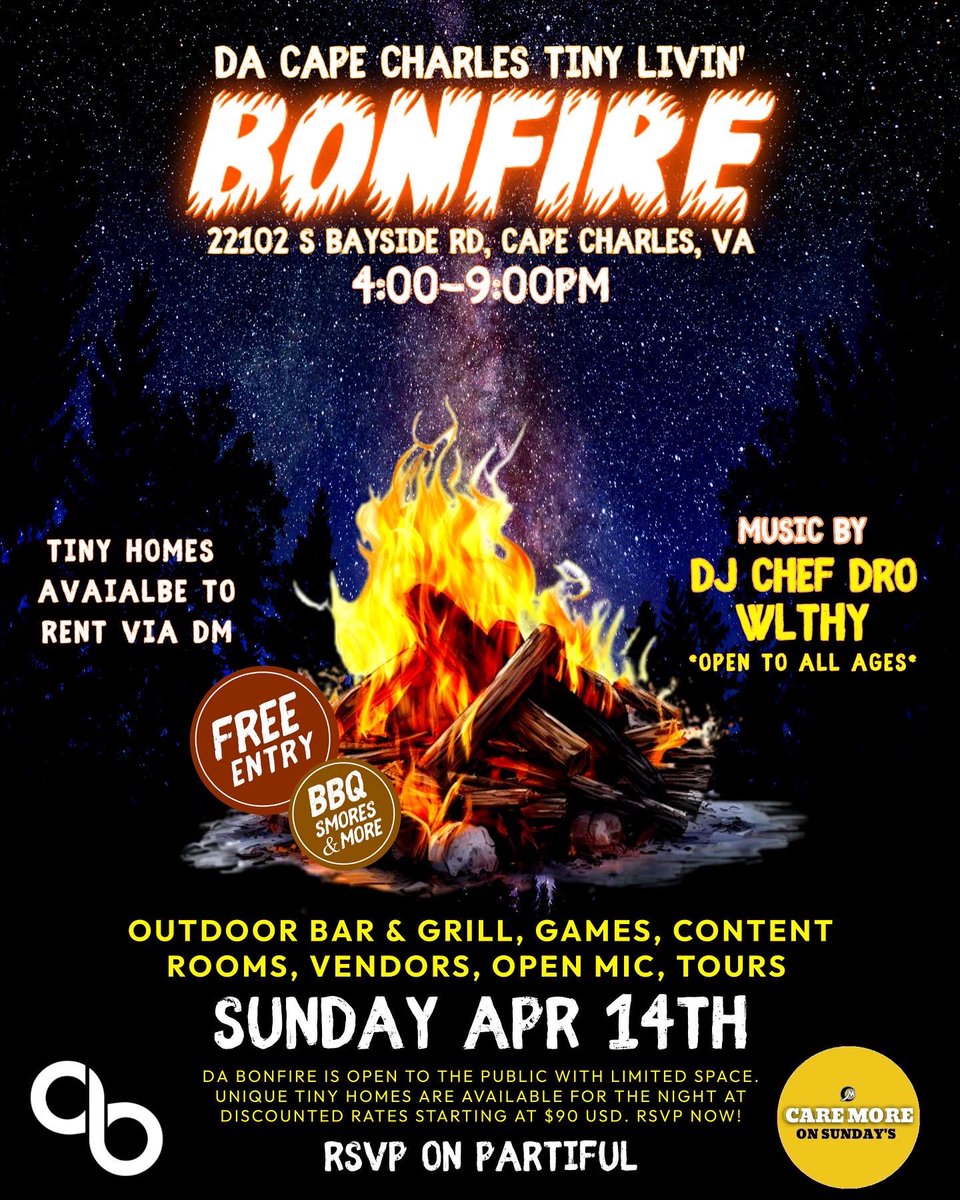 SUNDAY WE GOT THE GRILL BUSSIN! Free to attend and discount on overnight stays for the tiny homes. Music by Chef Dro and WLTHY. If you want to vend, I have a couple fee spots left. If you want to perform just pull-up. It’s all love for da bonfire 30 minutes from VB Town Center