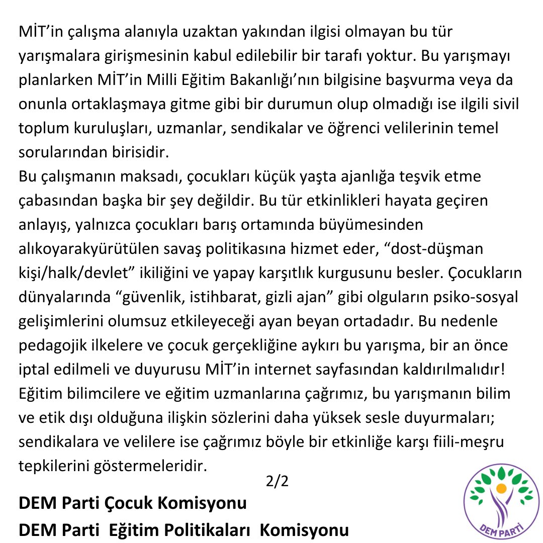 ÇOCUKLARI, AJANLIĞA VE İSTİHBARATÇILIĞA ÖZENDİRMENİZE İZİN VERMEYECEĞİZ! MİT'in “23 Nisan Etkinliği' adı altında çocukları güvenlikçi ve militarist politikalara alet etmesine yönelik komisyonlarımızın açıklaması.