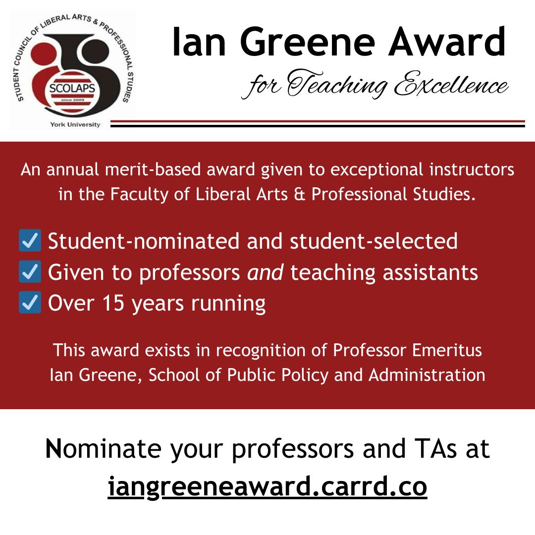 Attention LA&amp;PS students! 🎓

Nominations are now open for the Iane Greene Award for Teaching Excellence.

Nominate one professor and one TA to recognize and award their commitment to teaching excellence.

Visit the link in our bio for more details.