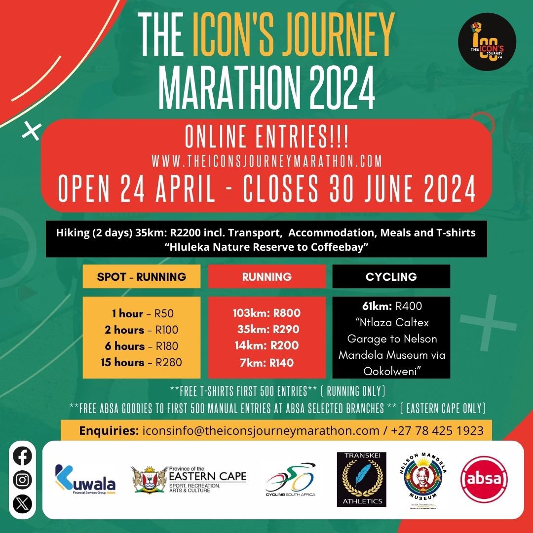 🔊 🏃🏽‍♂️ 🚴🏼‍♂️ 🧑🏿‍🦯 Entries for the 2024 event open on 24 April 2024🥳 RUN, HIKE and CYCLE on the icons footprints Eastern Cape - Home of Legends theiconsjourneymarathon.com #iamanicon #theiconsjourney2024