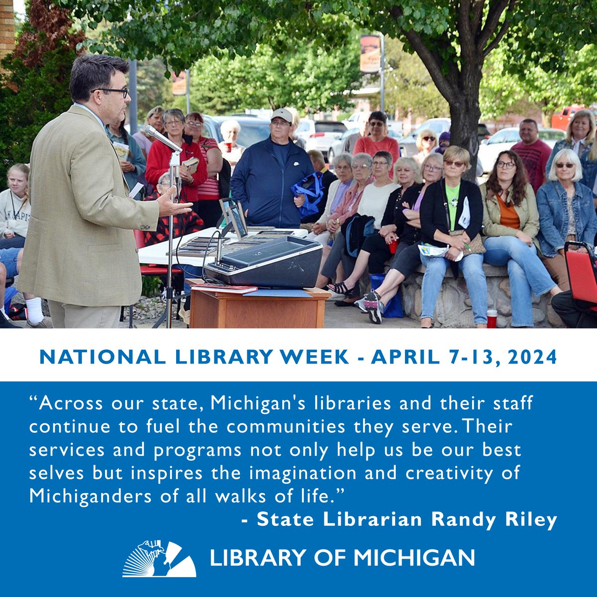 LibraryofMich's tweet image. #MiStateLibrarian Randy Riley celebrating the contributions of #MiLibraries and their staff on #NLWD24 during #NationalLibraryWeek.