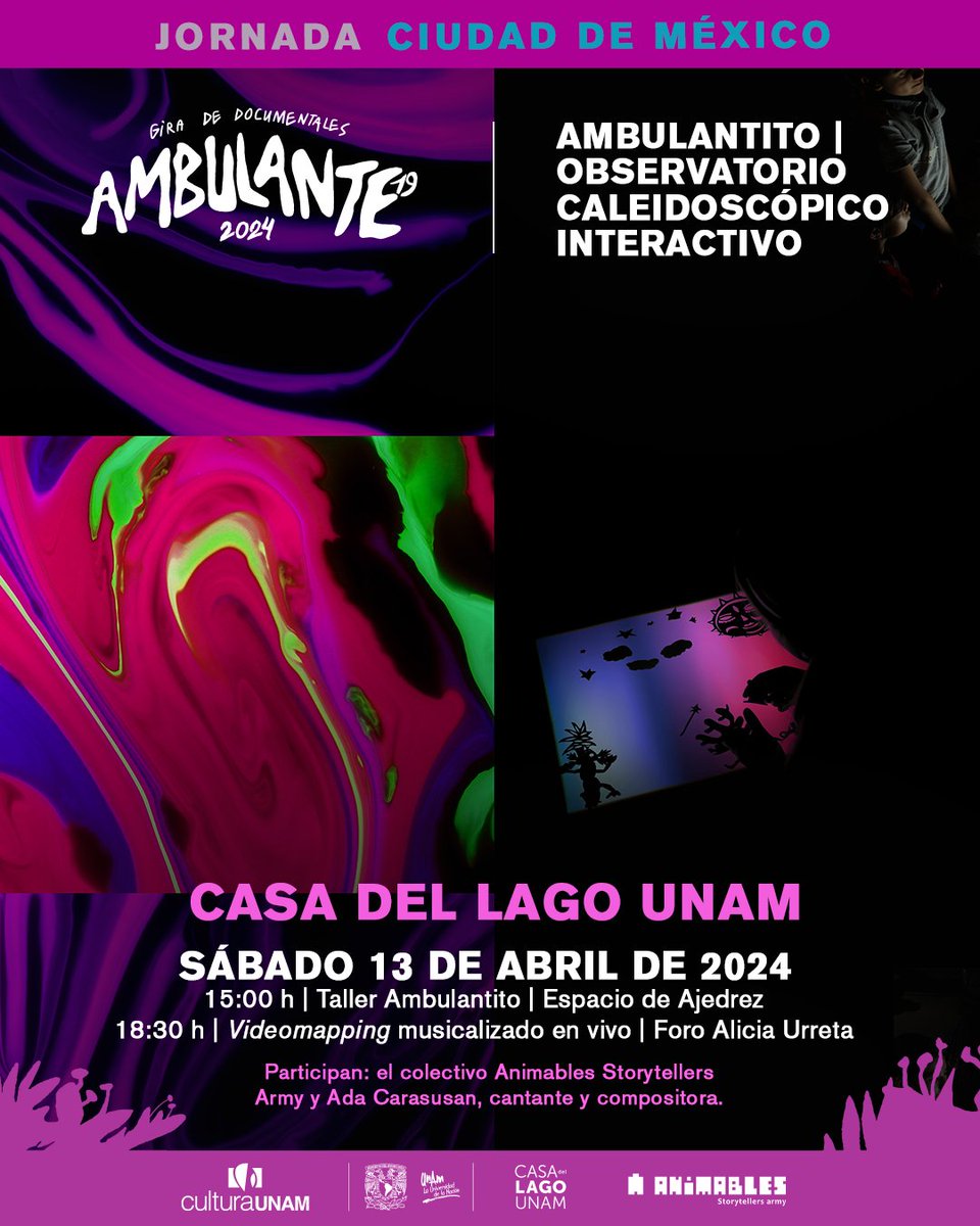 ✨ Jornadas Ambulante ✨

Actividades que acompañan la Gira #Ambulante2024:

✨ Jornada Ambulantito | Observatorio caleidoscópico interactivo

🗓️ 13 de abril
⏰ 15h | Taller Ambulantito
⏰ 18:30h | Videomapping
📍 Casa del lago, UNAM
🗣️Participan: Colectivo Animables Storytellers