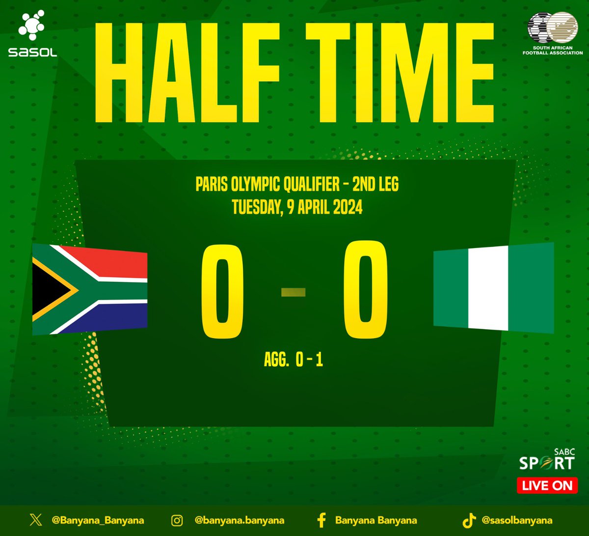 Halftime! No goals separate the two sides in the first half of the second leg. 🇿🇦0️⃣➖0️⃣🇳🇬 Agg. 0-1 #LiveTheImpossible #NotDoneYet