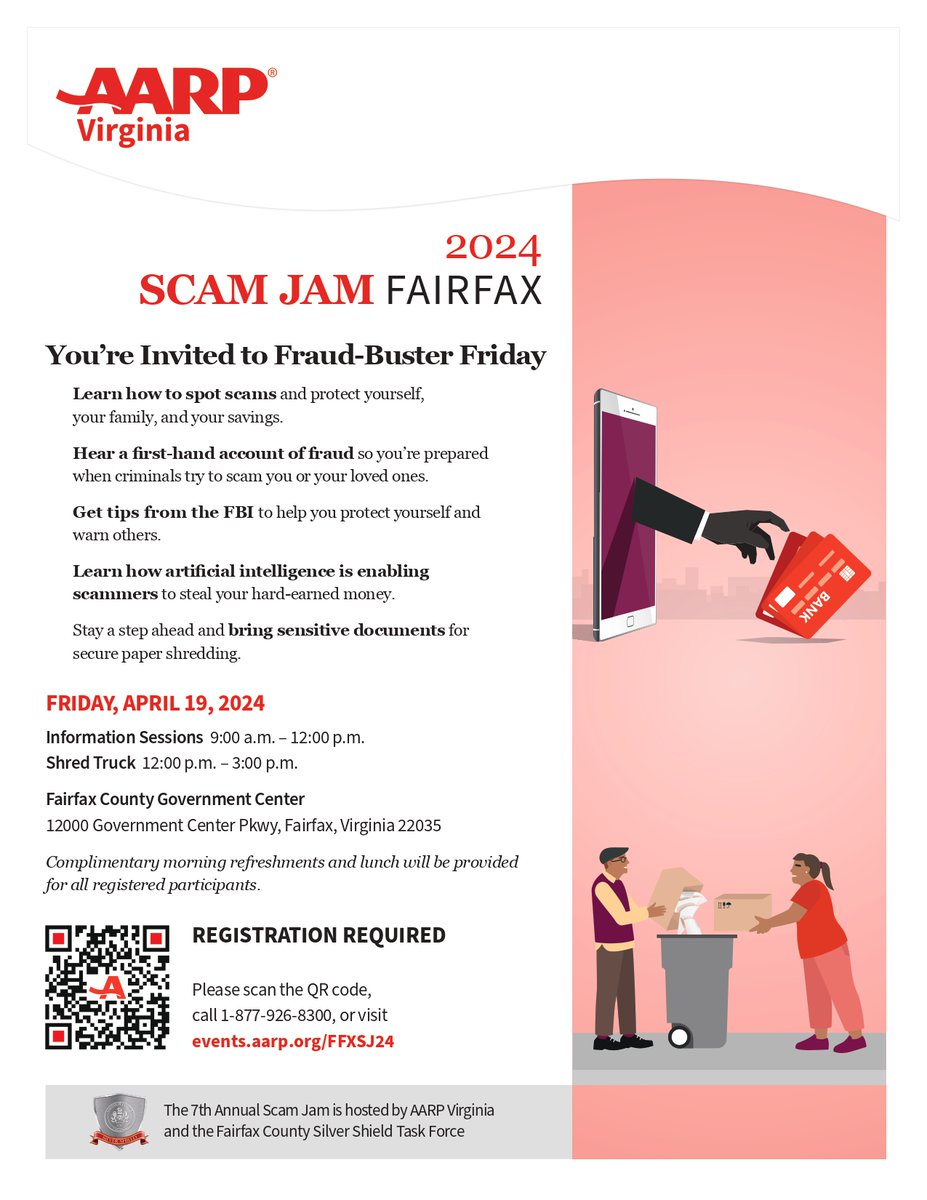 On April 19th, Fairfax County and the American Association of Retired Persons (AARP) are once again cohosting the annual Scam Jam, raising awareness of current malicious practices by scammers and bad actors.
