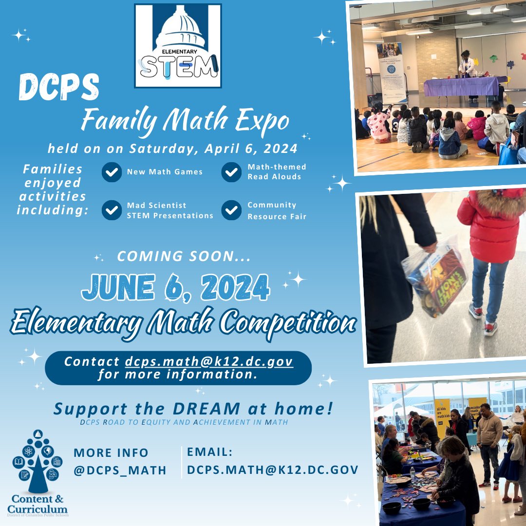 DCPSCurriculum's tweet image. To support DCPS’ Road to Equity &amp;amp; Achievement in Mathematics (DREAM), elementary school families attended the Family Math Expo where they were part of an environment that actively fosters love 🩵&amp;amp; joy 🤩 in learning math @ school &amp;amp; at home! Contact dcps.math@k12.dc.gov for more.