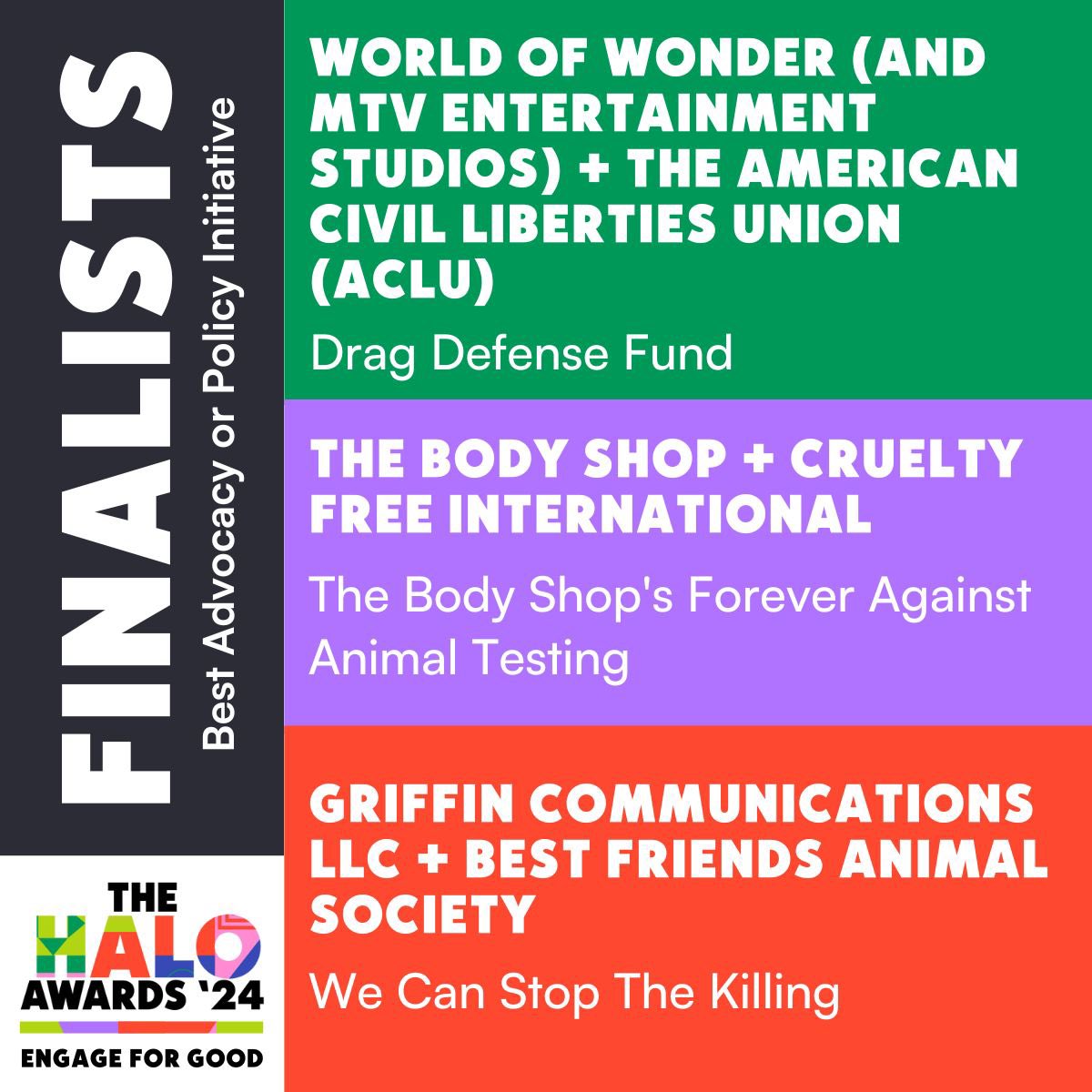 THANK YOU #HaloAwards for selecting #DragDefenseFund as a finalist for Best Advocacy or Policy Initiative! 💗 @EngageForGood

Drag performers & the LGBTQ+ community are facing threats across the country. Support Drag Defense Fund benefitting @ACLU at 👉 ACLU.org/DragDefense