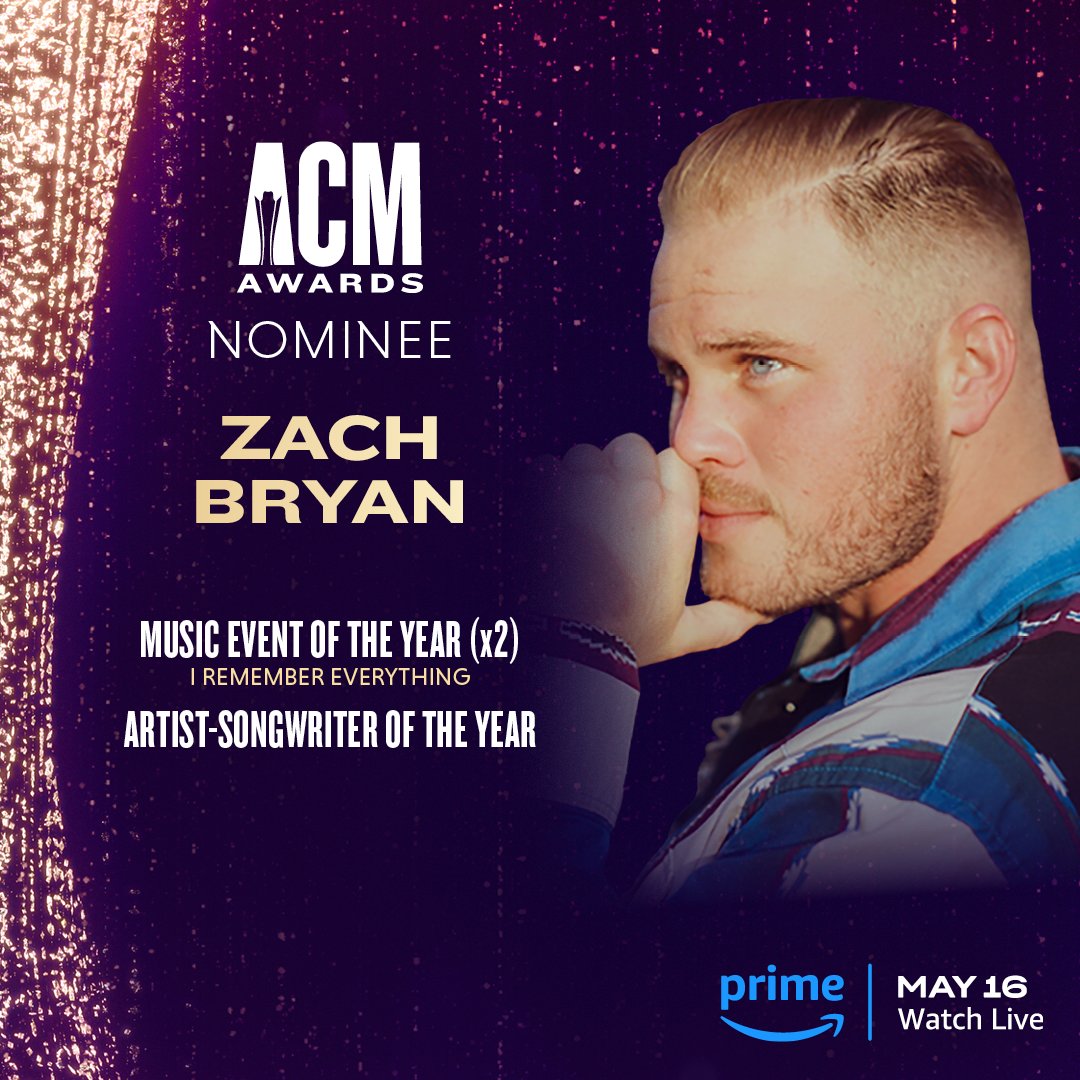 Congrats to #ZachBryan for being nominated for Music Event of the Year, as an artist and producer and Artist-Songwriter of the Year for this year’s #ACMAwards! Make sure to tune in May 16th on @primevideo!