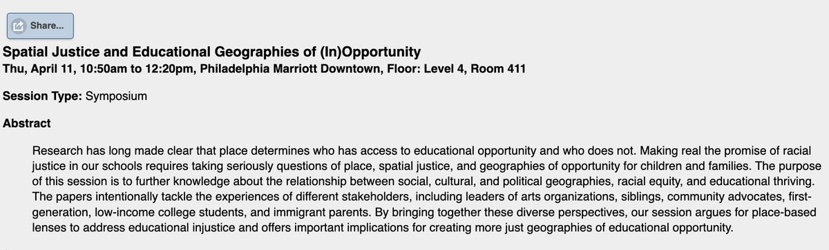 I am so excited for the panel @speedyjimenezz and I organized on spatial justice & the geographies of (in)opportunity in education for #AERA2024!! We are so lucky to learn alongside @anbutler5 @ksinclair04 @jnat_alvarado & @becca_bassett. Come through Thursday morning!