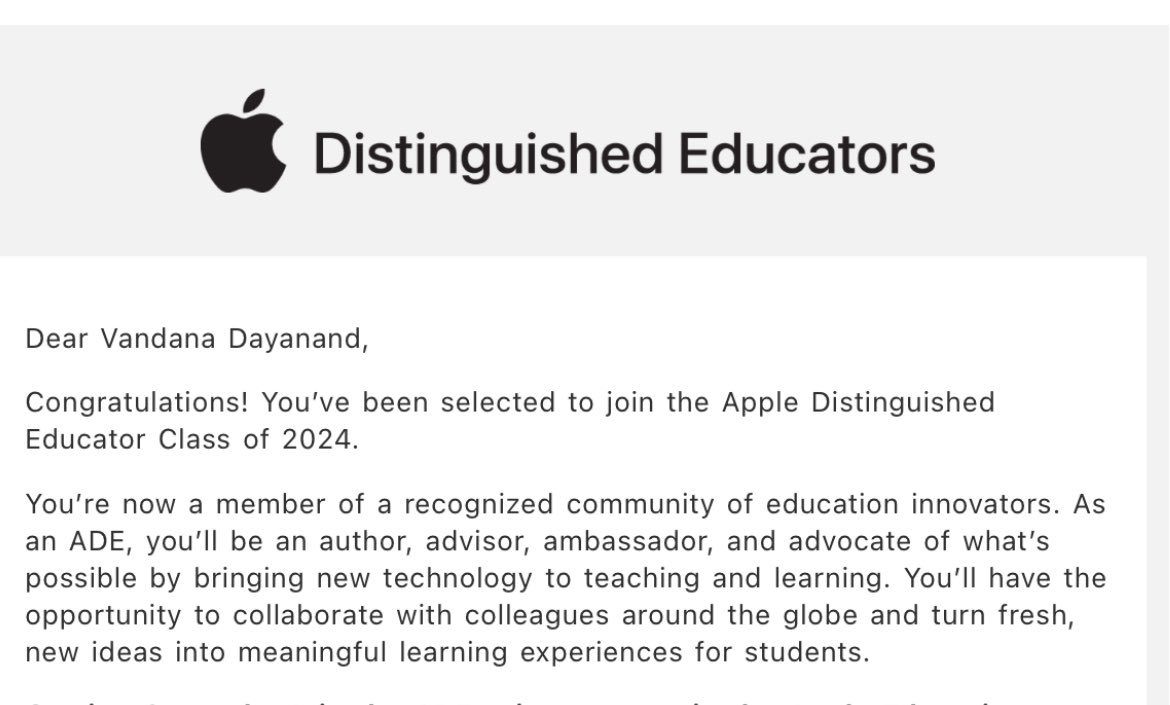 Absolutely thrilled and  honoured to embark on the journey ahead! #ADE2024. @Lakshmi8297 thank you for all the guidance. @AppleEDU @trioacademyblr