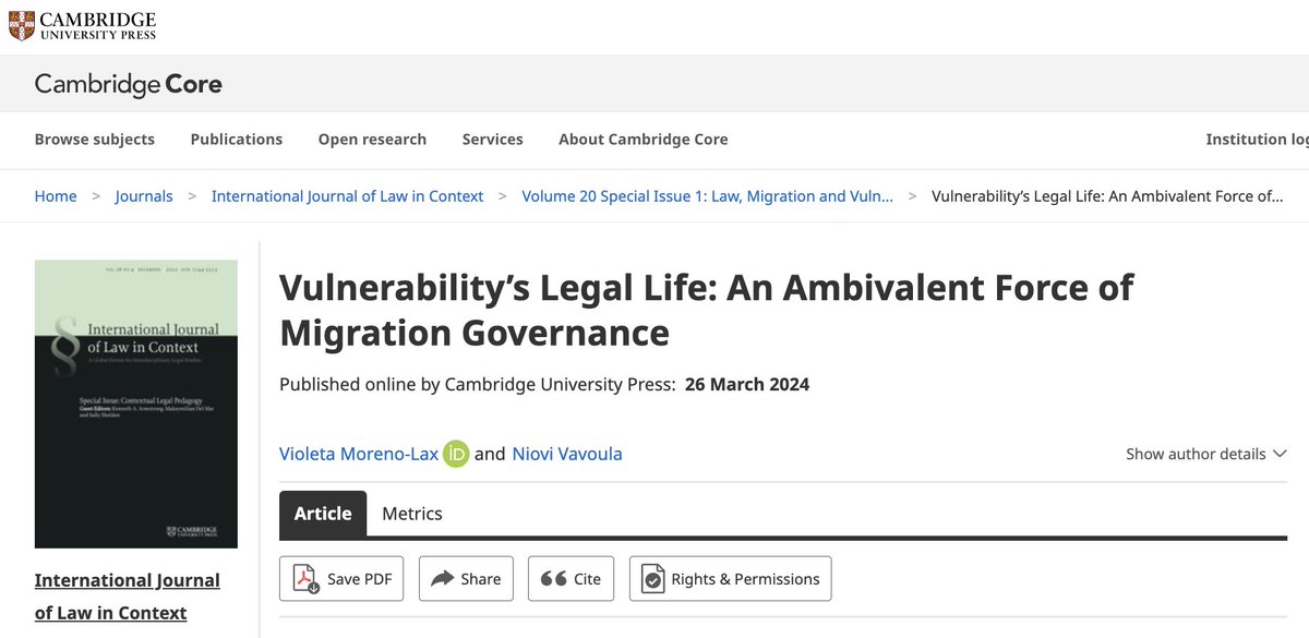 Very pleased our #Vulnerability's Legal Life: An Ambivalent Force of #Migration #Governance is trending 💥 Read it Open Access 👉shorturl.at/ceTV1 💥 Check out entire @IJLC_CUP Special Issue shorturl.at/iBTW3