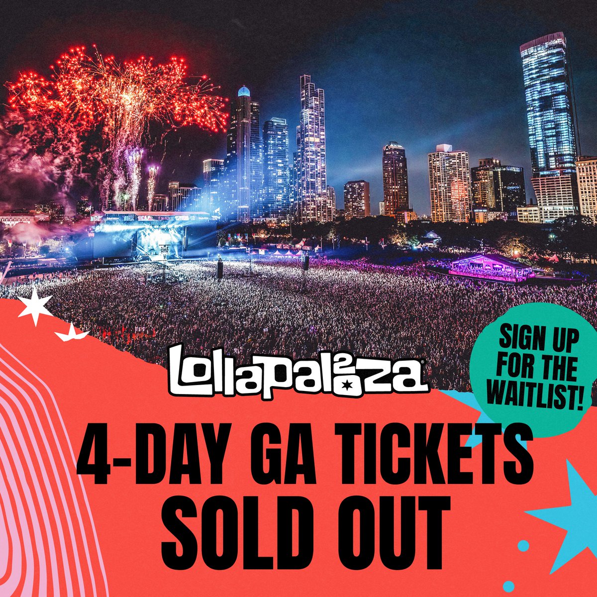 🤘 Join the waitlist at lollapalooza.com in case 4-Day GA Tickets become available! 1-Day and 2-Day Tickets are on sale now along with 4-Day GA+, VIP, and Platinum Tickets.