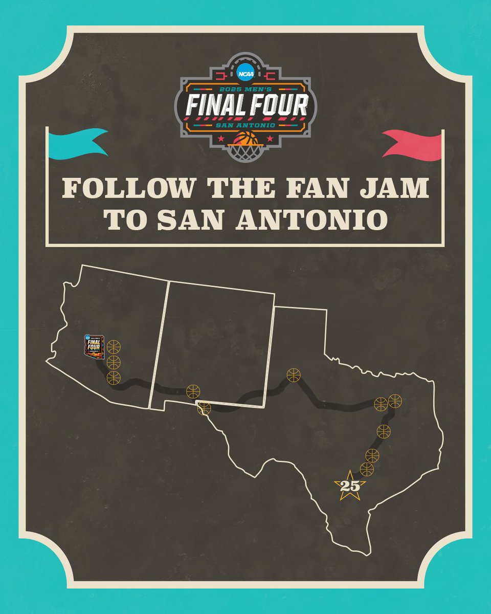 Next stop: San Antonio! 🏀 The Fan Jam truck is on the road to San Antonio, home of the 2025 #MFinalFour, and will be stopping at DI campuses along the way! April 9: GCU, ASU, Arizona, NMSU April 10: UTEP, TTU April 11: TCU, SMU April 12: Baylor, Texas, Texas State 👉…