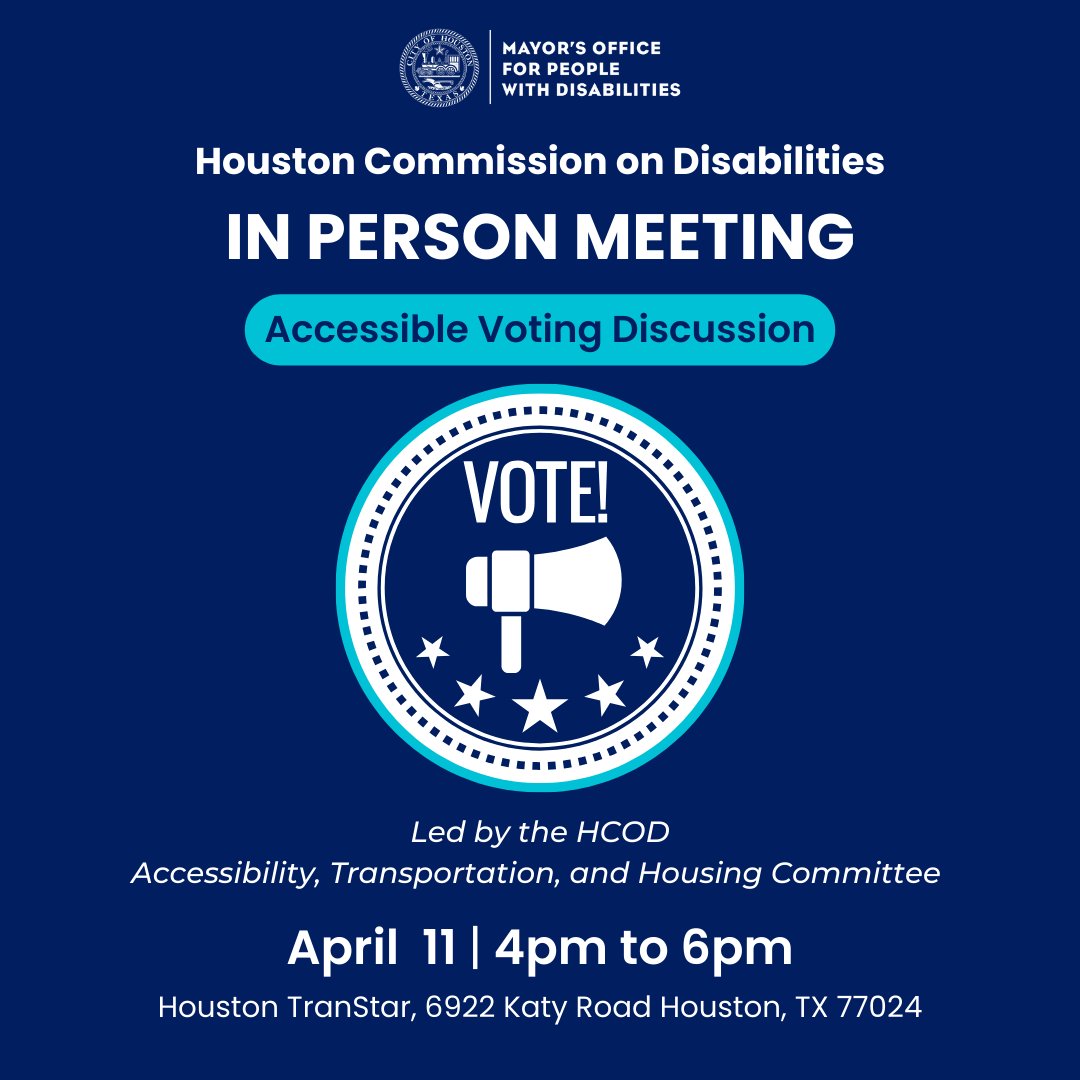MOPD and HCOD will meet in person on Thurs, April 11th from 4pm-6pm at Houston TranStar, 6922 Katy Road 77024. The HCOD Accessibility, Transportation, and Housing Committee will lead a discussion on voting accessibility. The meeting will be streamed on MOPD’s Facebook page.