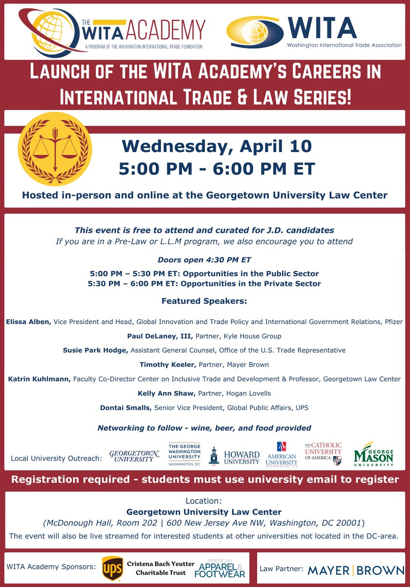 CITD will host the launch of the WITA Academy's Careers in International Trade & Law Series tomorrow! Join us in person (click here: rb.gy/0daj8a) or virtually (click here: rb.gy/b7bzp6) @WITA_DC @katrin_kuhlmann