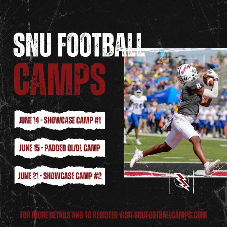 Our camps are approaching quickly! Get signed up today! • June 14th - Showcase Camp #1 • June 15th - OL/DL Padded Camp • June 21st - Showcase Camp #2 Register at snufootballcamps.com #BoltsUp⚡️