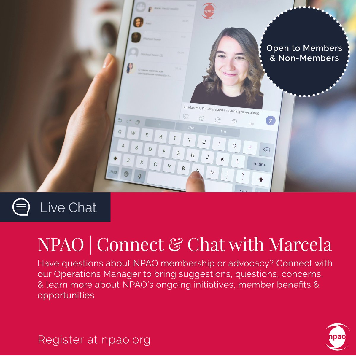 Join us on April 12 for 'Connect & Chat with Marcela' from 12:00-1:00 PM. Have questions about membership or advocacy? Bring your suggestions, concerns, and learn about ongoing initiatives and benefits. Open agenda! Don't miss out: npao.org/calendar.../np…