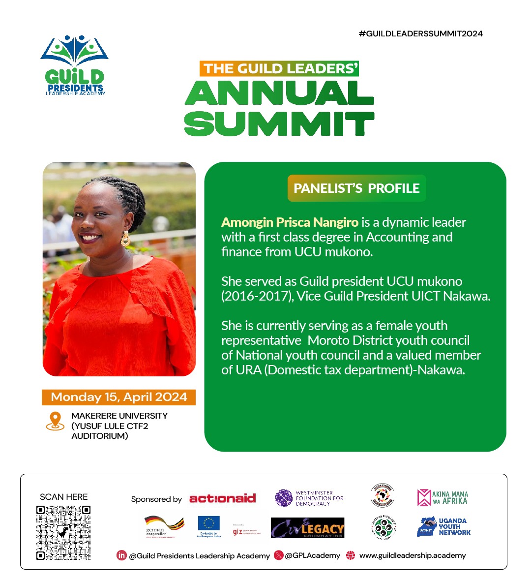 @AmonginPrisca the Guild President @UCUniversity (2016-2017) and the current Female Youth Representative Moroto District Youth Council of National Youth Council will be one of our Panelists. #GuildLeadersSummit2024