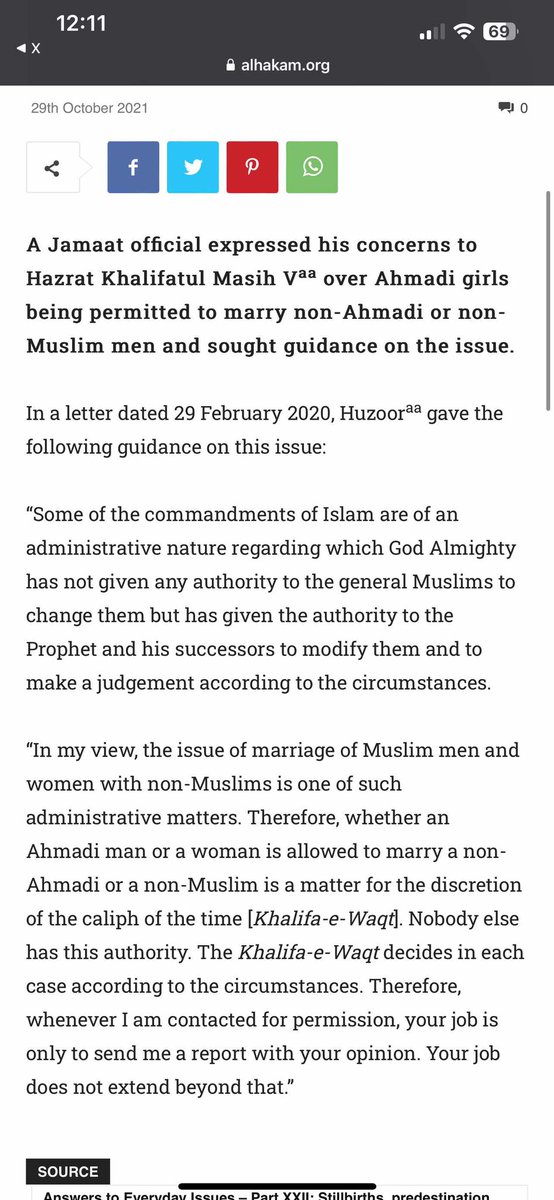According to the Ahmadiyya Jamaat caliphs: 1) The 2nd caliph mentioned that Ahmadis are allowed to marry Hindus 2) The current caliph stated that Ahmadi women can marry anyone, including non-Muslims, with the caliph's permission. @MrAdnanRashid @DWI_MImtiaz @Ahmadiyyafacts