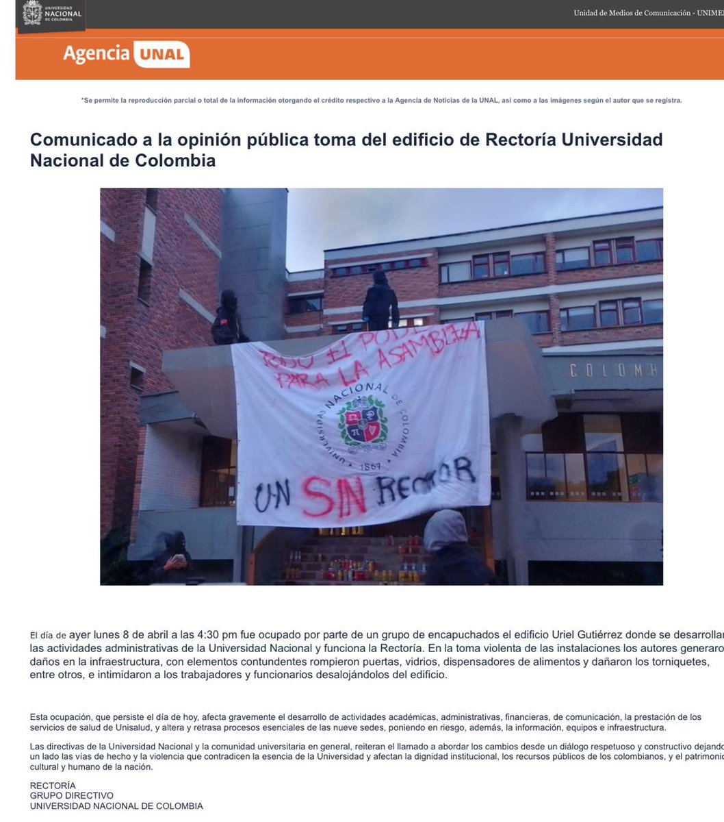 #EDUCACION La rectoría de la @UNALOficial denuncia acciones violentas en medio de una toma al edificio administrativo principal de la institución. El ed. Uriel Gutiérrez permanece bloqueado desde ayer y hoy estudiantes de pregrado no asistieron al campus. @Danivalencia9