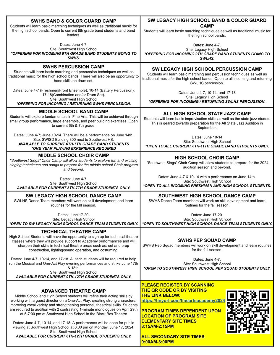 swisdfinearts's tweet photo. Southwest ISD Alert! We have
revised our dates for the Summer Fine Arts Academy and some camps will be ending earlier than previously advertised. See the flyer below for updated dates of each camp. Please register by April 25! @swisd https://t.co/ooWrXMCaHS