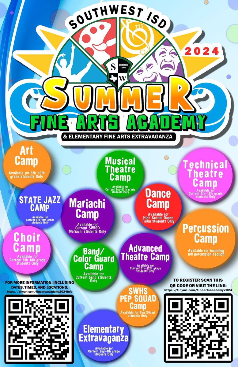 swisdfinearts's tweet photo. Southwest ISD Alert! We have
revised our dates for the Summer Fine Arts Academy and some camps will be ending earlier than previously advertised. See the flyer below for updated dates of each camp. Please register by April 25! @swisd https://t.co/ooWrXMCaHS