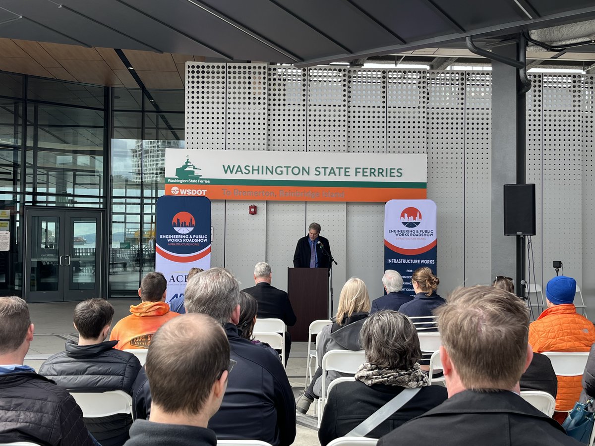 wsferries's tweet photo. ICYMI, Engineering & Public Works Roadshow was at #ColmanDock last week to recognize our construction project for engineering & public works excellence. Roadshow spotlights what infrastructure investment means for our economy, jobs, environment & future. https://t.co/ICWsJ2hLur https://t.co/FEtzxZxAB6