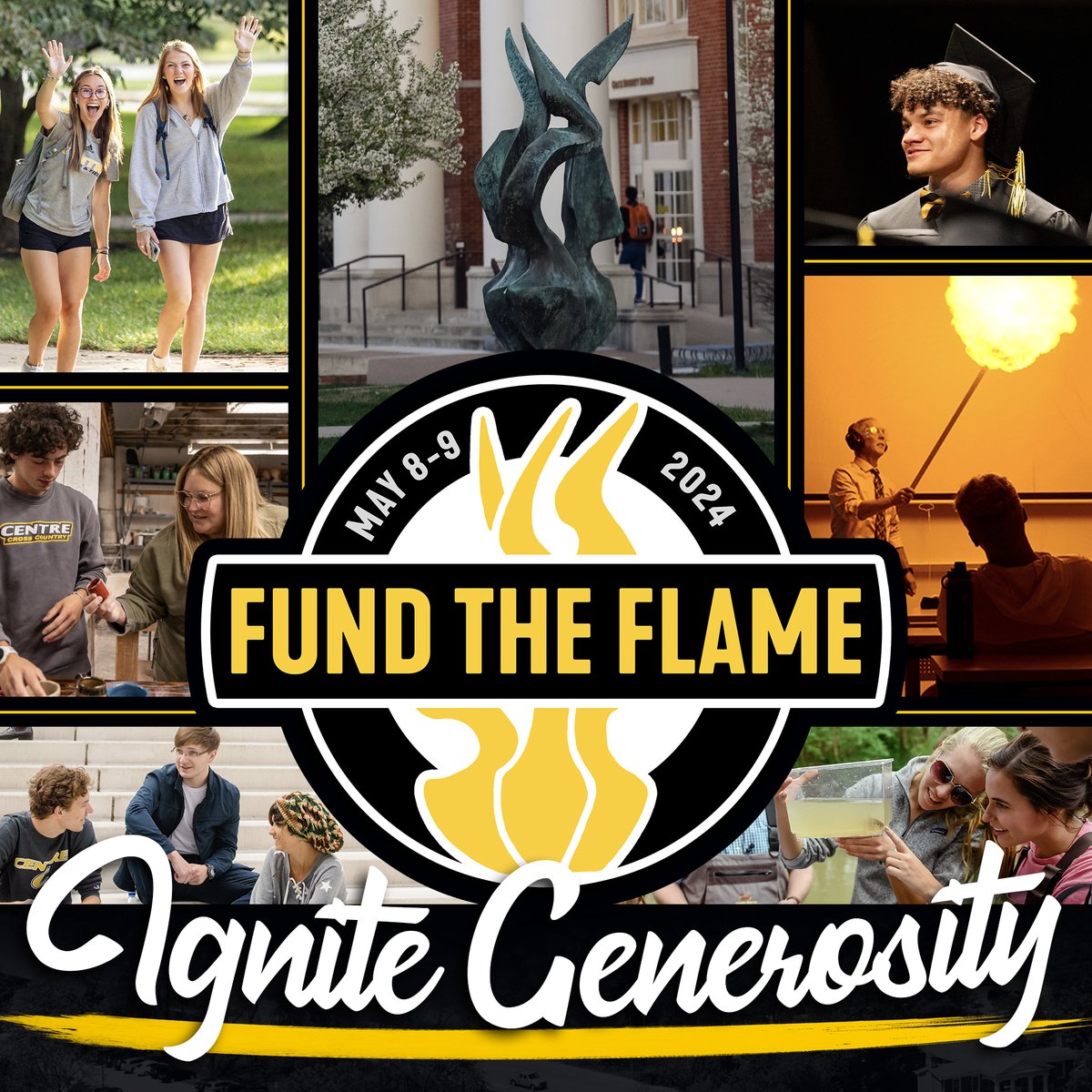 Save the date for @CentreC's day of giving - 𝗙𝘂𝗻𝗱 𝘁𝗵𝗲 𝗙𝗹𝗮𝗺𝗲! Launching one month from now, Fund the Flame will cover 36 hours 𝗠𝗮𝘆 𝟴-𝟵. Interested in making your gift now? Click the link below to support Centre! givecampus.com/gof65s