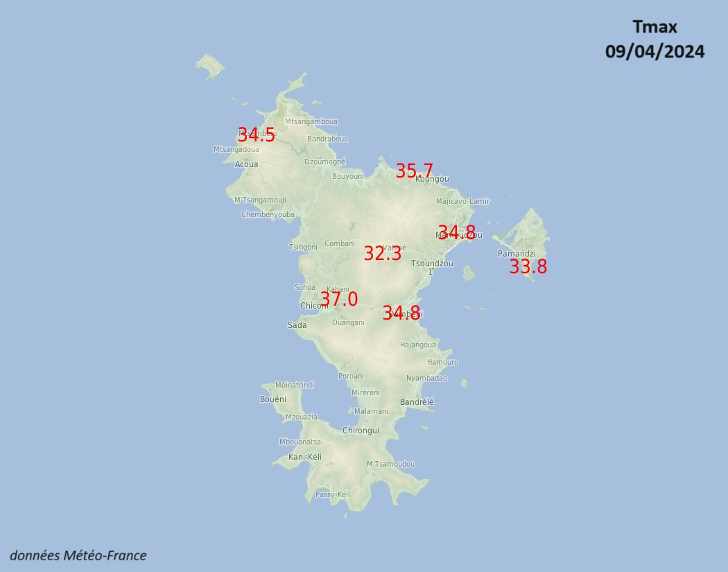 🥵Chaleur à #Mayotte : après 36.5°C le 6 avril, Coconi-Ouangani a atteint🌡️37.0°C ce 9 avril, la plus haute température jamais mesurée sur le département (malgré une petite surestimation possible) 🌡️35.7°C Trévani (proche record) 🌡️33.8°C Pamandzi, à 0.1° de son record mensuel