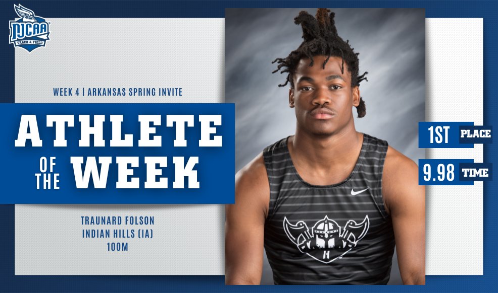 #⃣1⃣‼️ Traunard Folson is the #NJCAATF DI Men's Athlete of the Week! Folson earned first place for @IHCCAthletics in the Arkansas Spring Invite 100M with a mark of 9.98. 🥇 #NJCAAPOTW