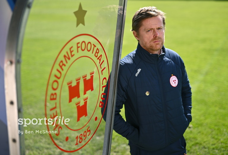 Shelbourne manager Damien Duff poses for a portrait after a @shelsfc media conference at Tolka Park today. 📸 @sportsfileben sportsfile.com/more-images/77…