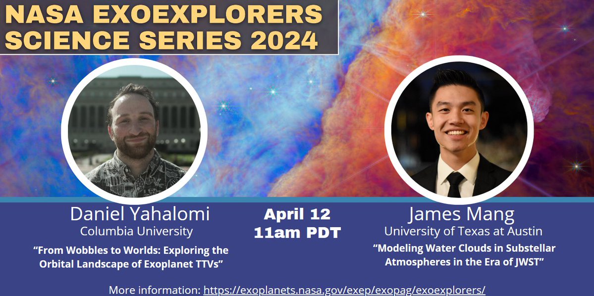🔥April 2024 #ExoExplorers Talks🔥

Join us Friday, April 12 at 11am PDT for talks by <a href="/dyahalomi/">Daniel Yahalomi</a> of <a href="/ColumbiaAstro/">Columbia Astronomy</a> on building TTV model selection techniques, and <a href="/UTAstronomy/">UT Austin Astronomy</a>'s James Mang on developing exoplanet water-cloud models using #JWST data. Info:
exoplanets.nasa.gov/exep/events/49…