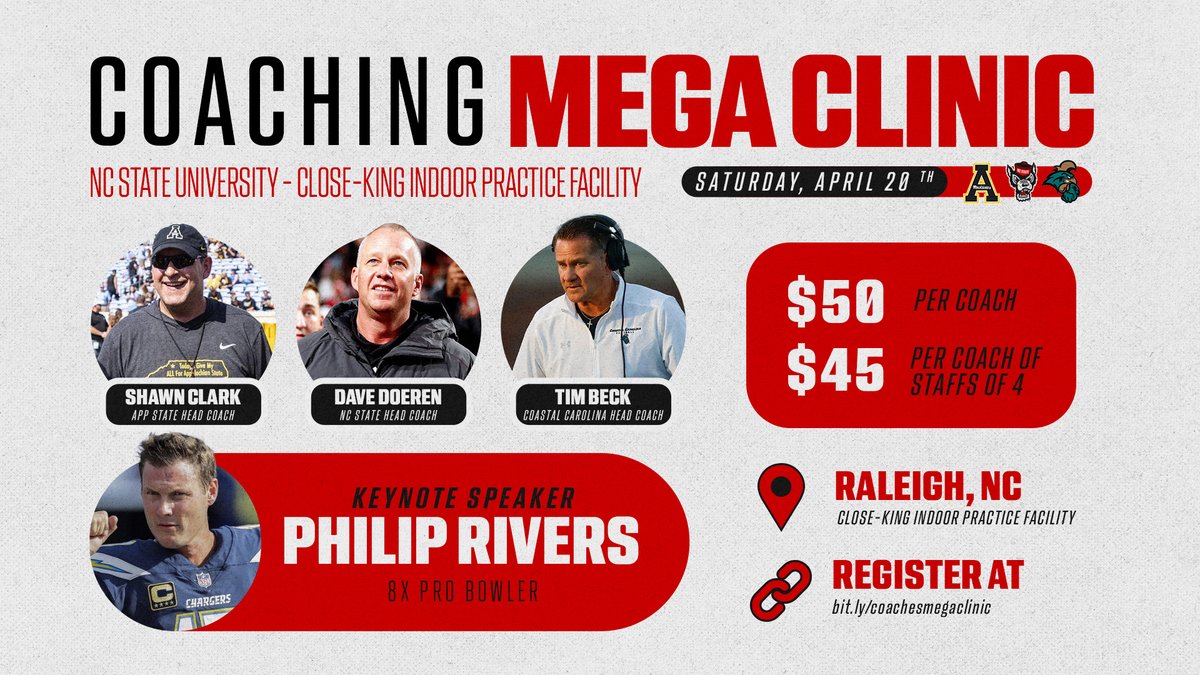 There are still spots available for the MEGA CLINIC on April 20. Come learn from three great coaching staffs AND Pack football legend Philip Rivers! REGISTER: megafootballcoachingclinic.com