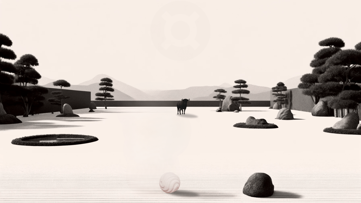 In a Zen garden's calm,
A bull stands still, sands echoing,
New dawn on the rise.