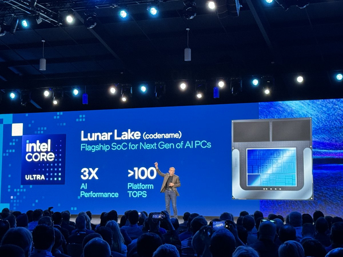 .@PGelsinger shared exciting news in today's #IntelVision keynote – our next processor family, Lunar Lake, will have 3x AI performance on both the GPU and NPU. AND, it will have more than 100 platform TOPS and more than 45 NPU TOPS. Absolutely incredible.