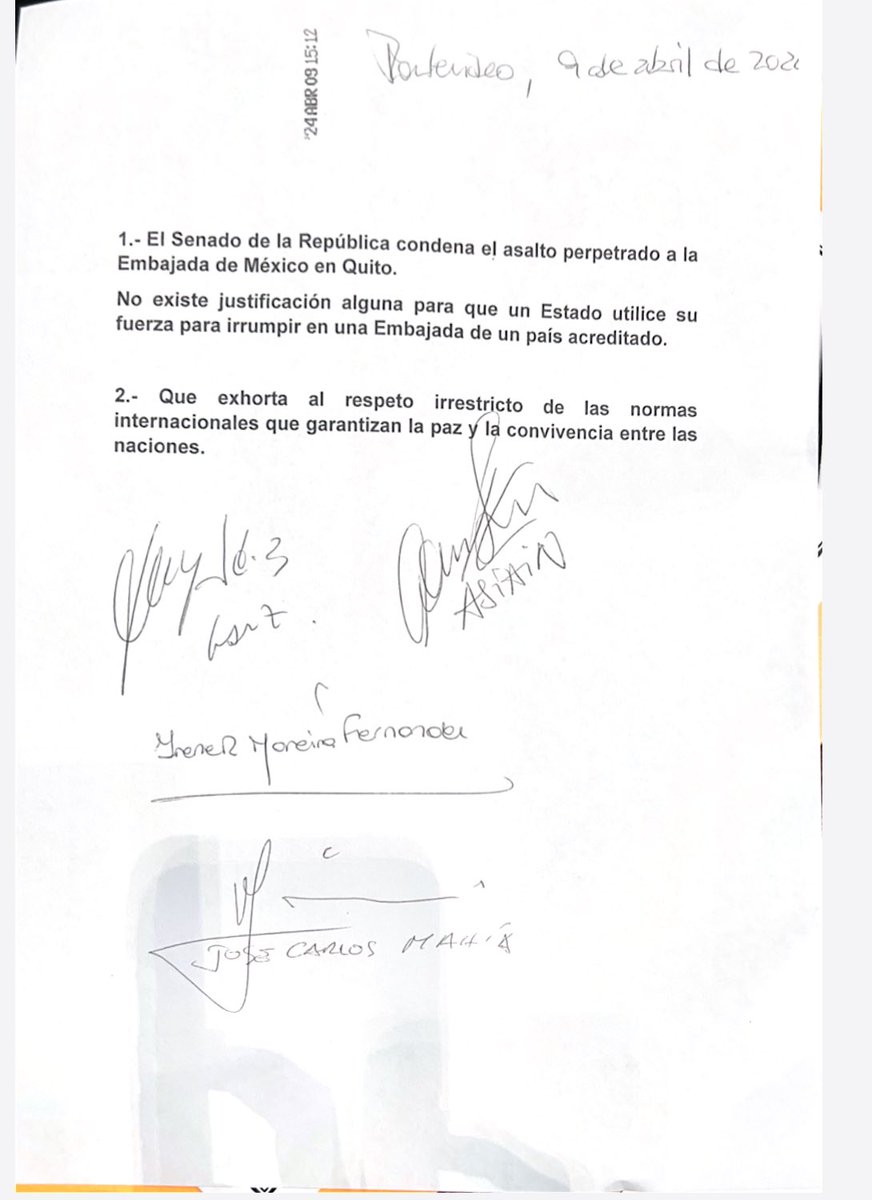 En el día de la fecha el Senado de la República votó por unanimidad la siguiente declaración ante los hechos ocurridos en Ecuador