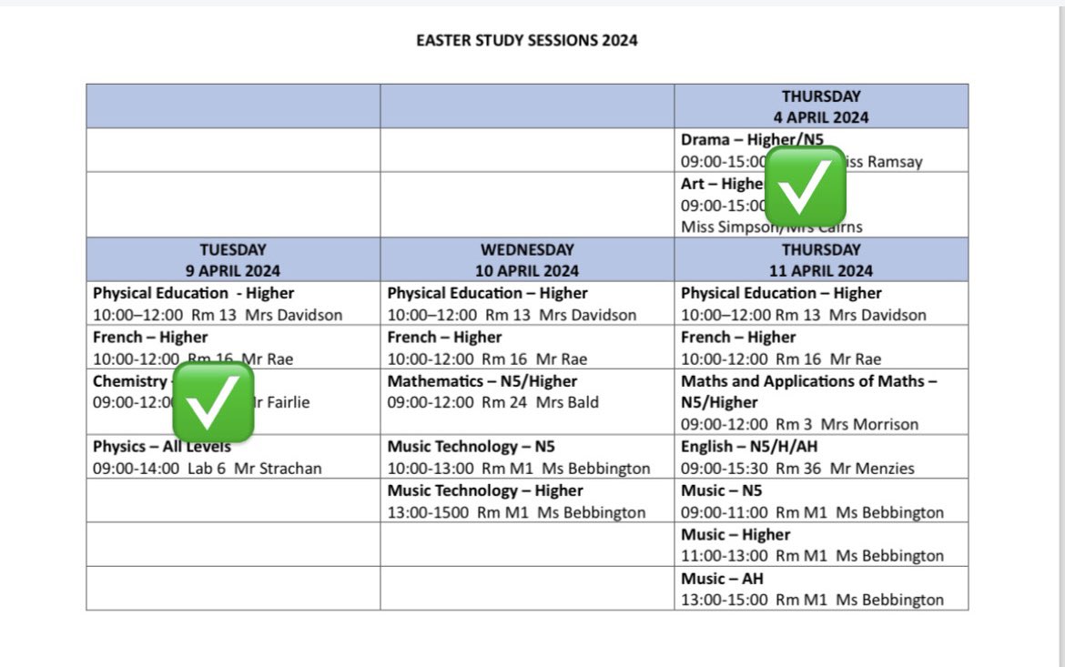 Our 3rd day of Easter Study Sessions is tomorrow with P.E, French, Maths & Music Technology. See the table below for when Mrs Davidson, Mr Rae, Mrs Bald & Ms Bebbington will be in school to offer support. 😊 @perthacademype @modern_perth @PA_MathsDep #TeamPA #RISE 💙