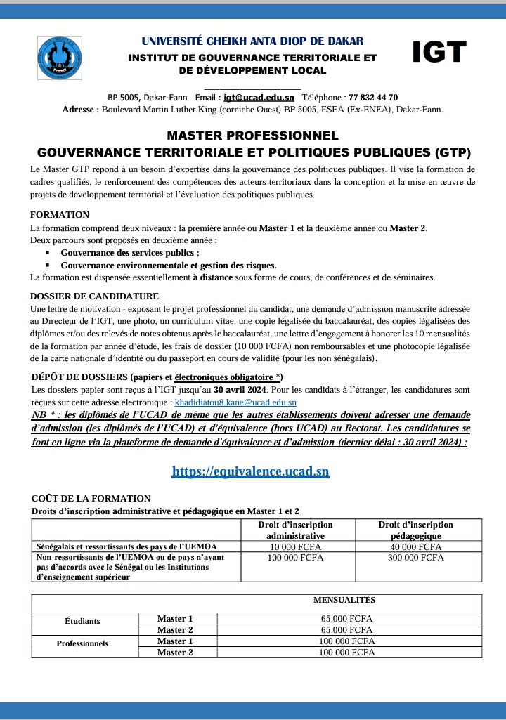 🔴 Appel à candidature Master GTP de l'institut de gouvernance territoriale (IGT)
#kebetu #compublique #senegal