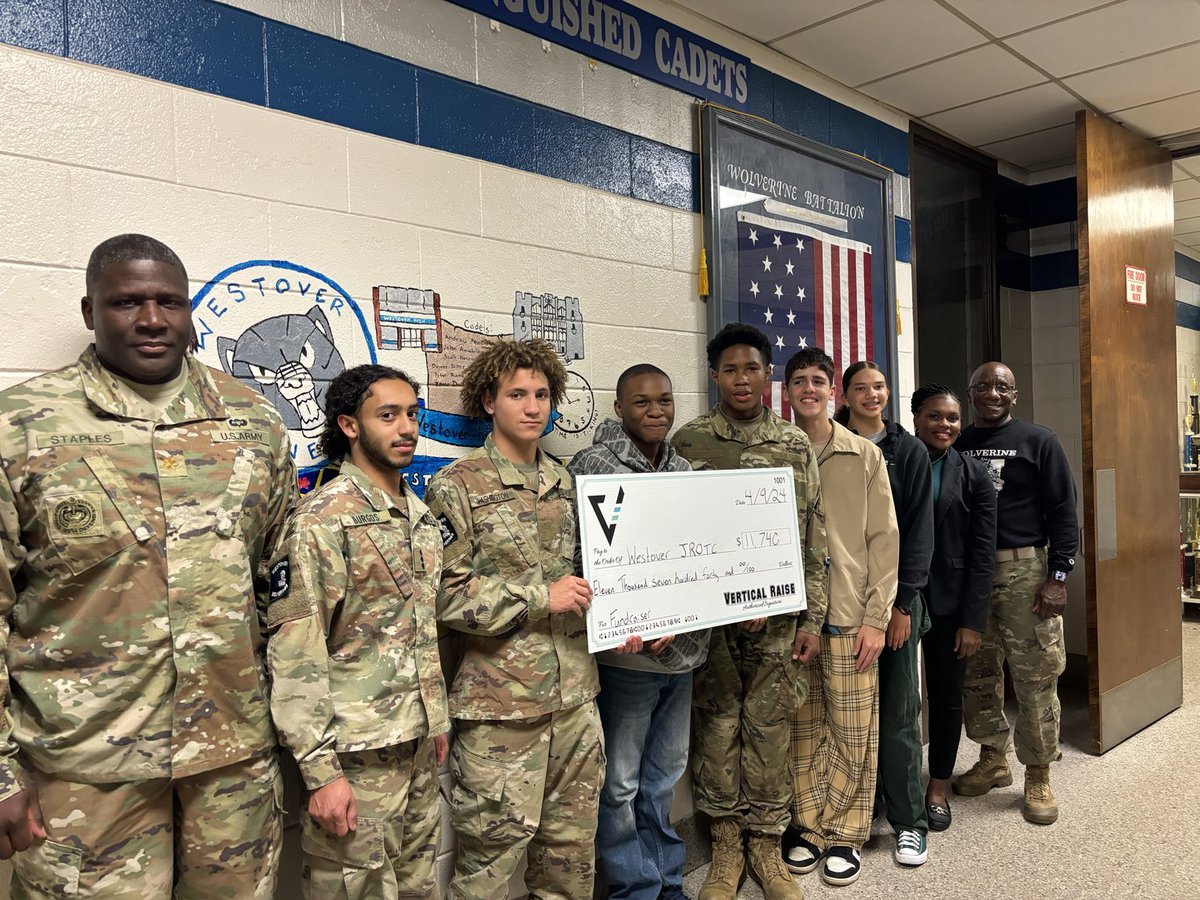 Westover HS JROTC was presented a check today from Vertical Raise (11,740) for our recent fundraiser.Thank goes out to our outstanding Student/Cadets for leading this Fundraiser effort, Proud of our Cadets , Great Job!!! ⁦@WestoverHS⁩ ⁦@LaMontaCaldwell⁩