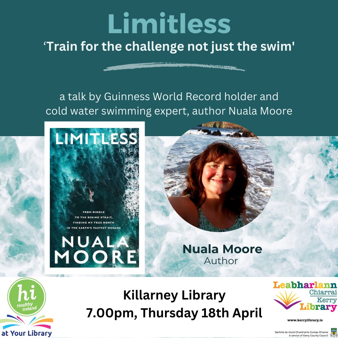 Excited to share an insight in challenges of cold water swimming 'Train for the Challenge and not just the swim distance.' FREE Event @KerryLibrary #KillarneyLibrary 7pm Thursday 18th do come along for my presentation. #safetymatters #coldwaterimmersion #infoispower #Limitless