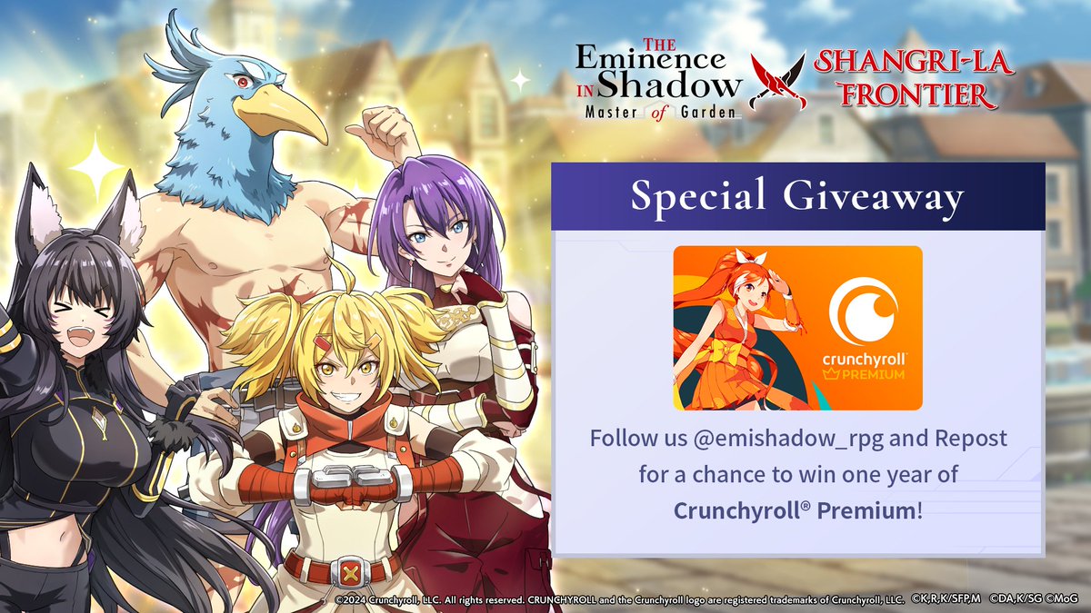 Ready to watch Shangri-La Frontier after playing The Eminence in Shadow: Master of Garden collaboration event? 

Flash Giveaway: Follow us and Repost this post for a chance to win one year of Crunchyroll Premium! 📝 crunchyroll.com/games/rules/cr…