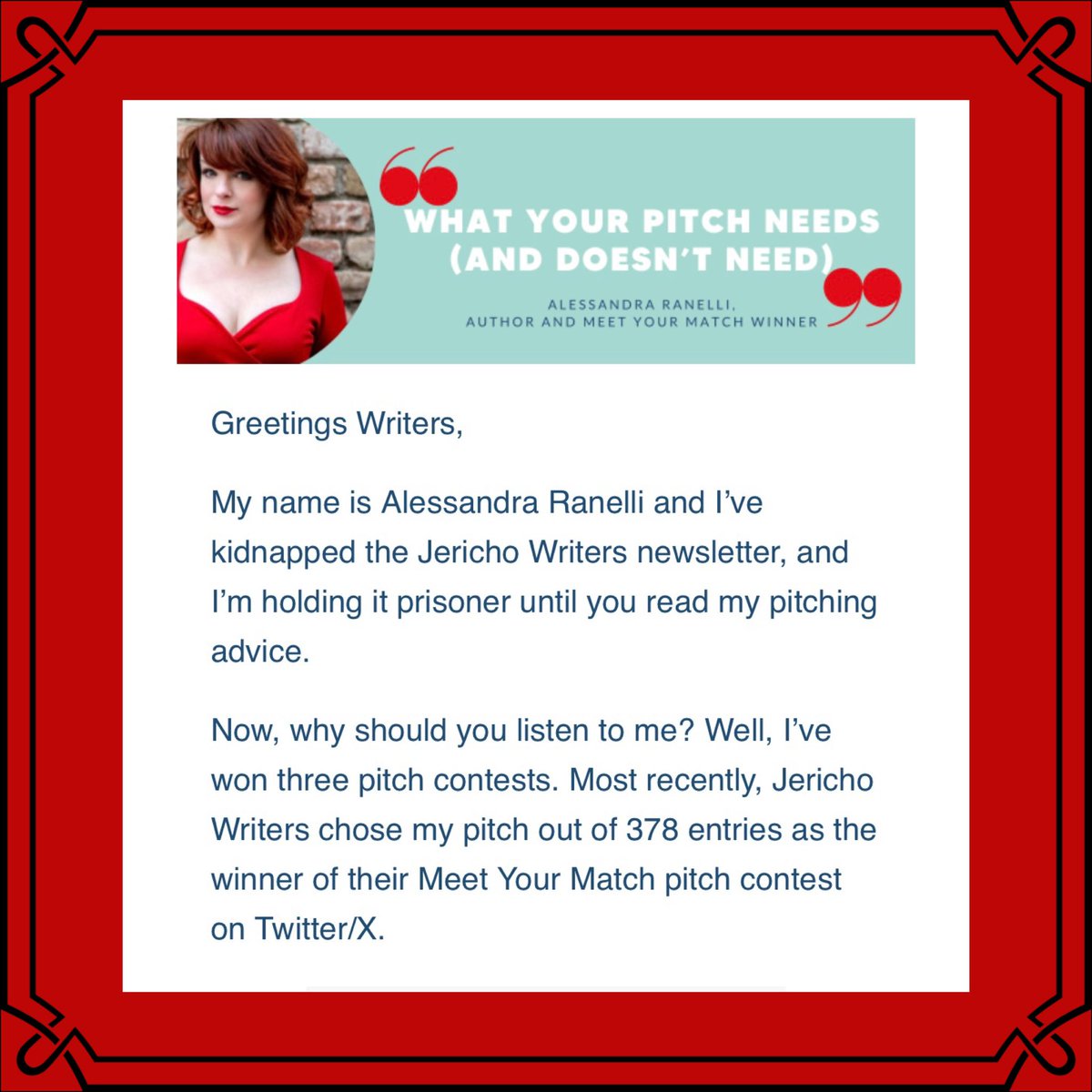 Ilsa_seeks_Rick's tweet photo. My Pitching Advice from the @JerichoWriters newsletter.
4 Things Your Pitch Needs
&
4 Things It Probably Doesn’t
(A 🧵)
#amquerying #queryingtips #WritingCommmunity https://t.co/QEGYHiKOQA